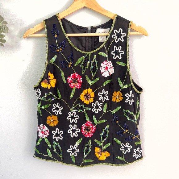 Paradise Ny Tops - Paradise NY Vtg Vest Top 100% Silk Beaded Floral Sequin Black 90s Whimsigoth